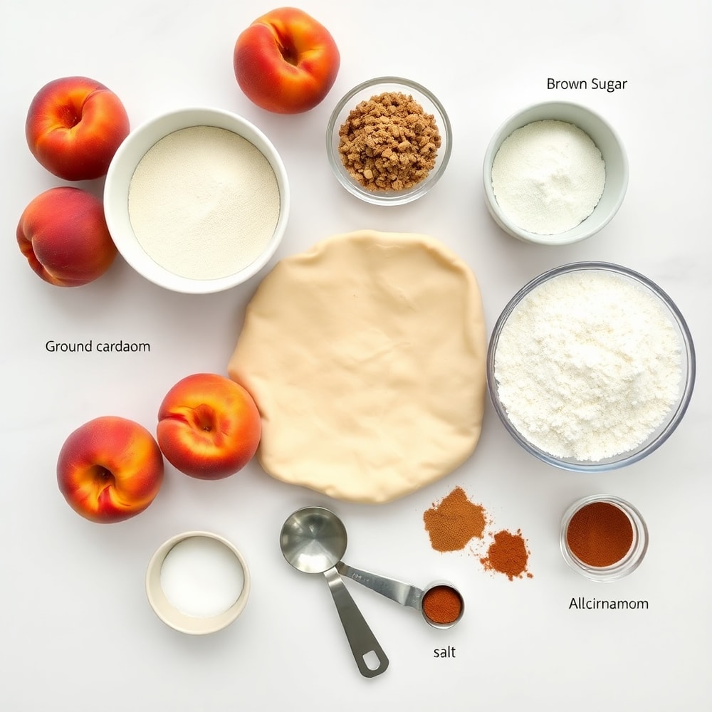 Raw ingredients for peach galette on a white marble surface
