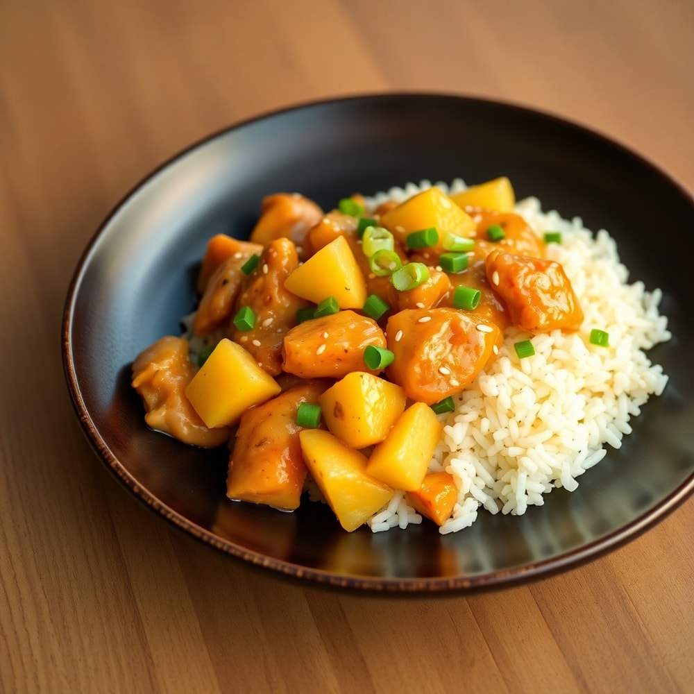 Plated serving of Pineapple Chicken and Rice
