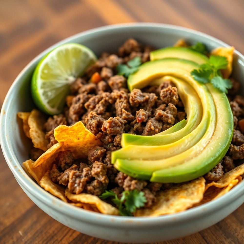 Post-workout taco salad bowl plated with a lime wedge and fresh cilantro