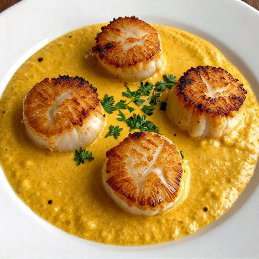 Plated Cajun scallops in creamy mustard sauce