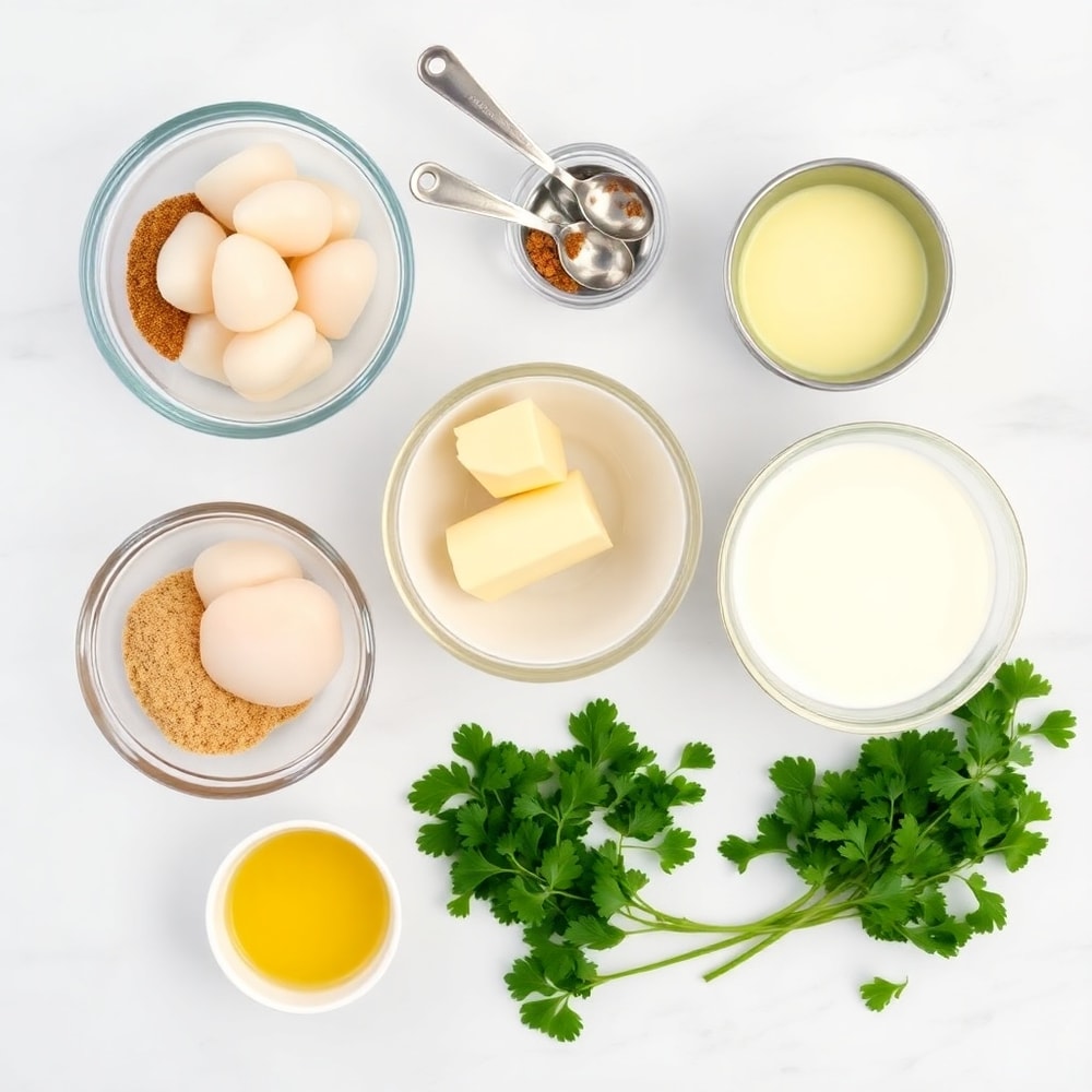 Raw ingredients for Cajun scallops in creamy mustard sauce