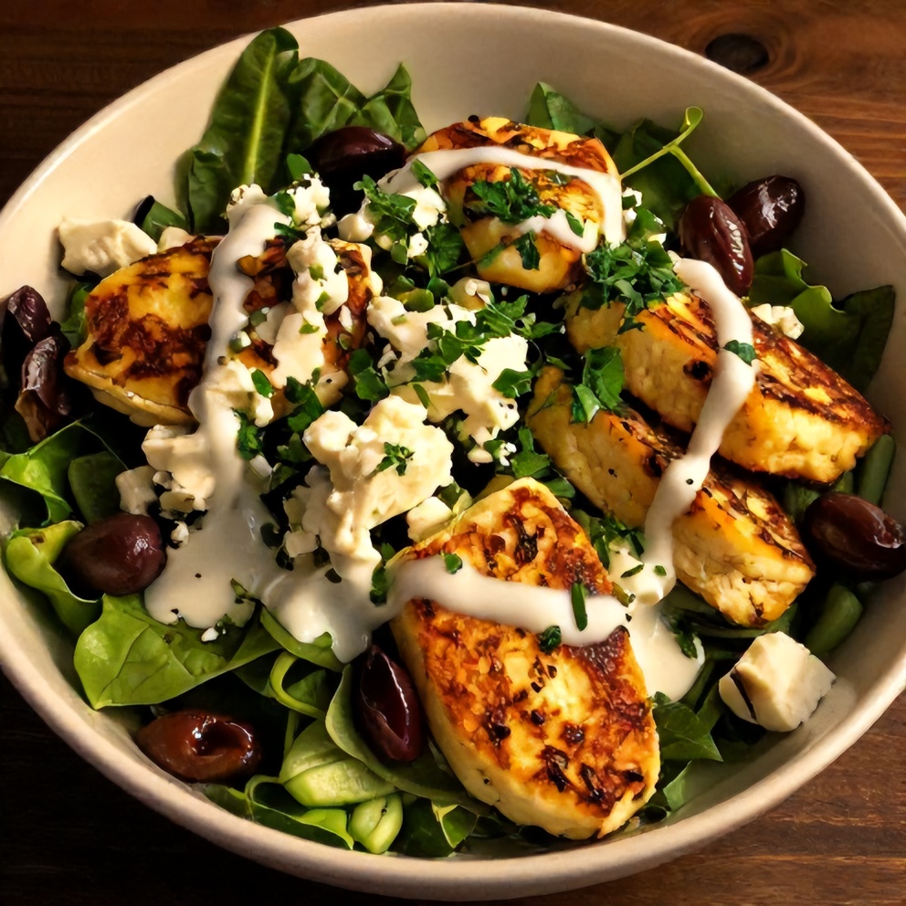 Plated crispy halloumi Greek power bowl