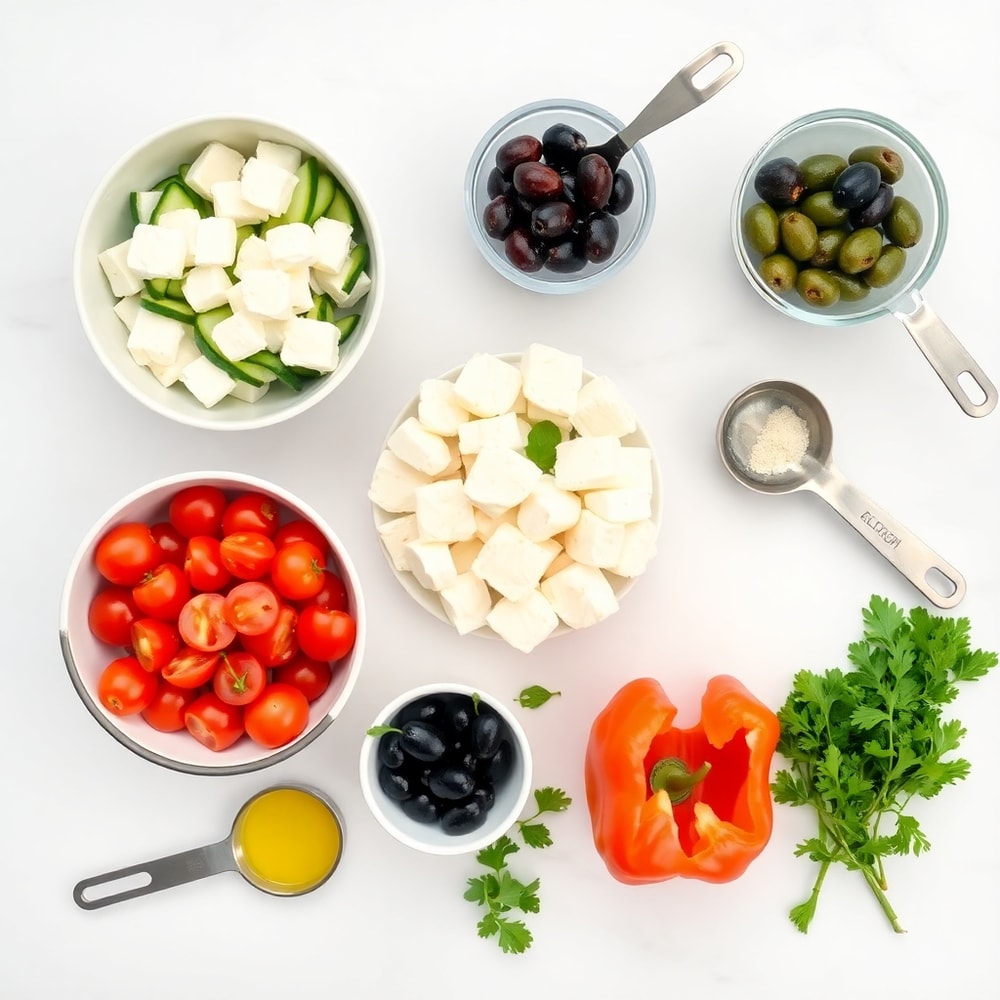 Raw ingredients for crispy halloumi Greek power bowl