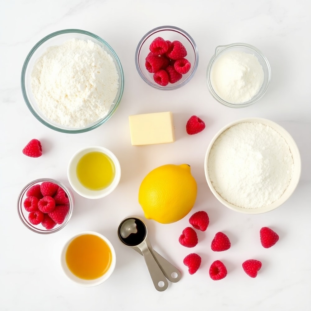 Raw ingredients for Raspberry Lemon Cookies on a white marble surface
