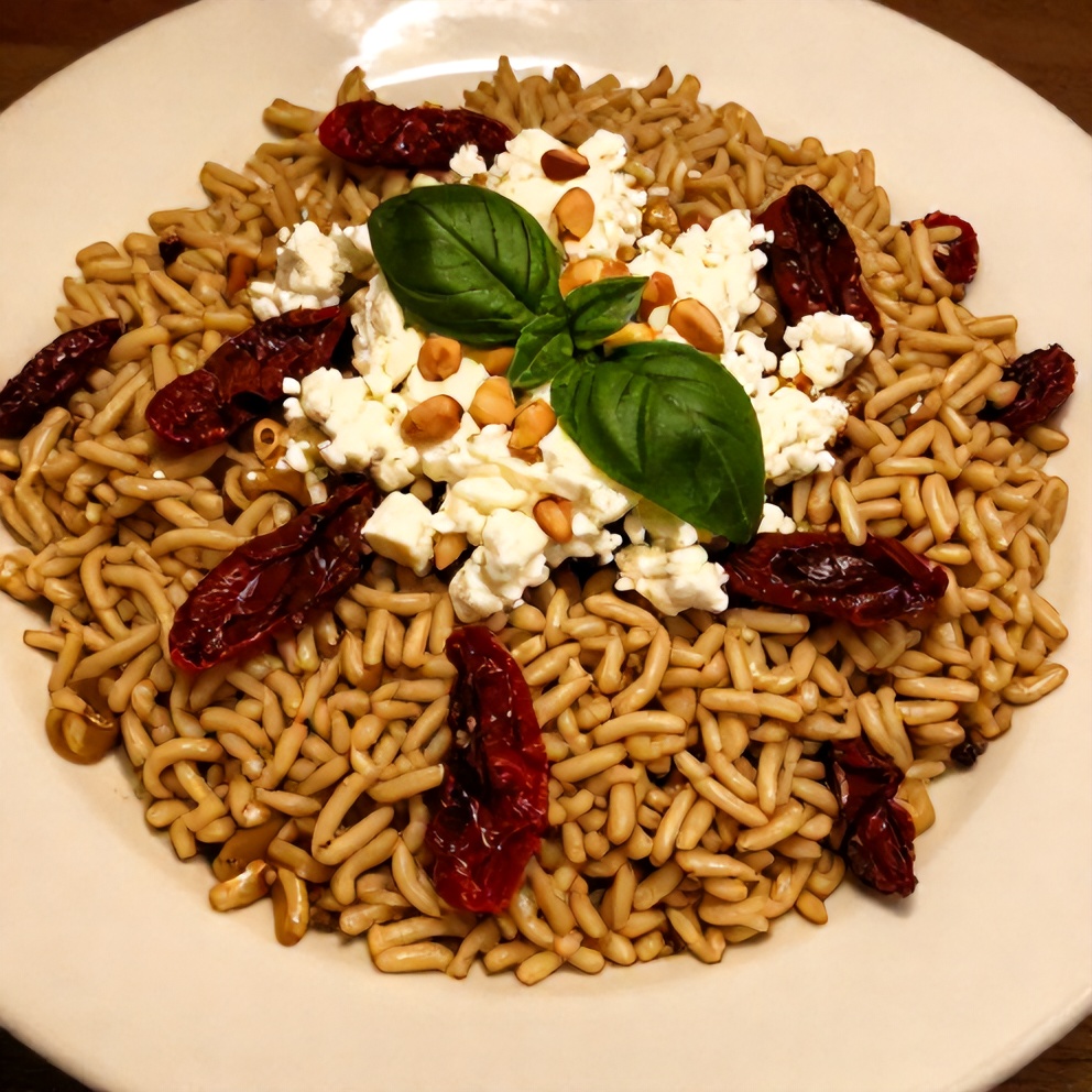 Plated Orzo Salad with Sun-Dried Tomatoes and Feta
