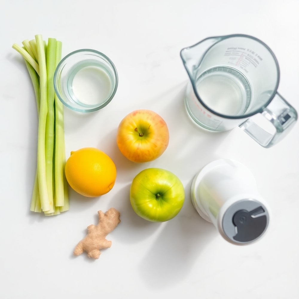 Celery, apples, lemon, ginger, and a blender on a white marble surface