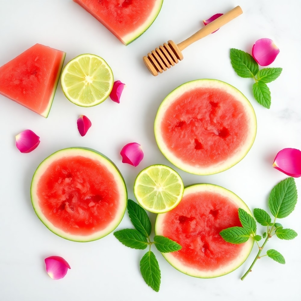 Watermelon slices, rose petals, lime, honey, and mint leaves on a wooden surface