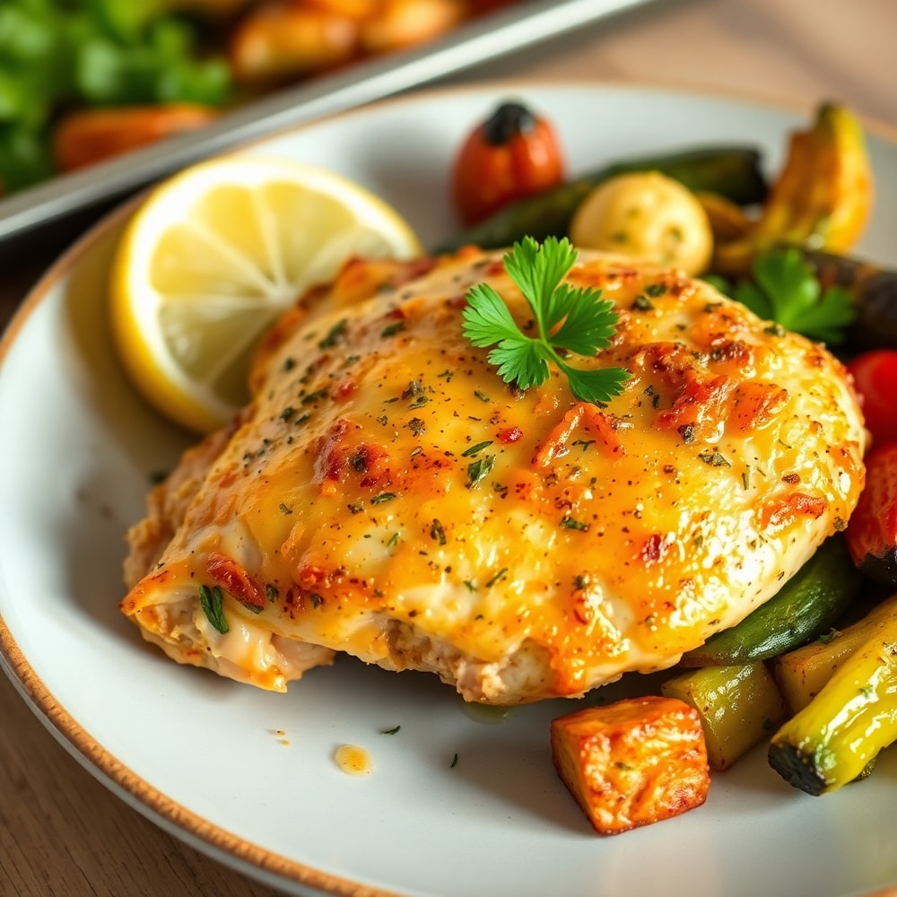 Plated sheet pan lemon herb chicken and vegetables