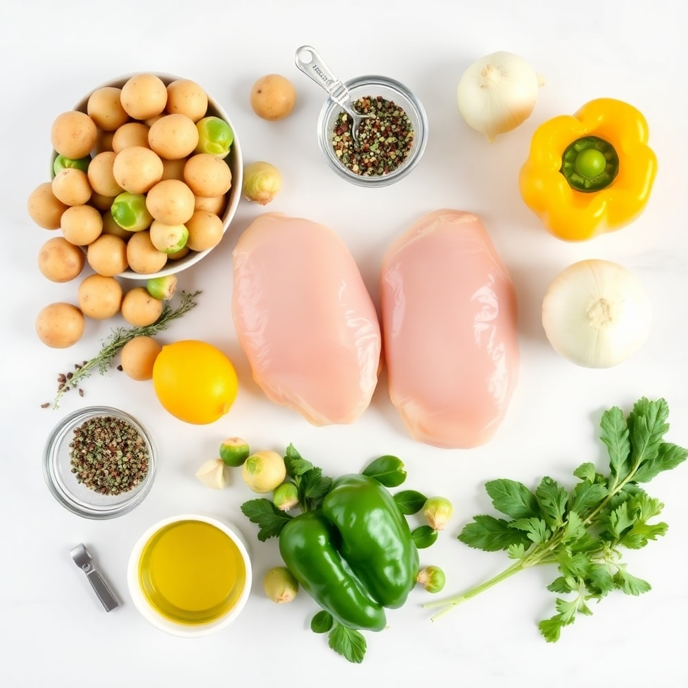 Raw ingredients for sheet pan lemon herb chicken and vegetables
