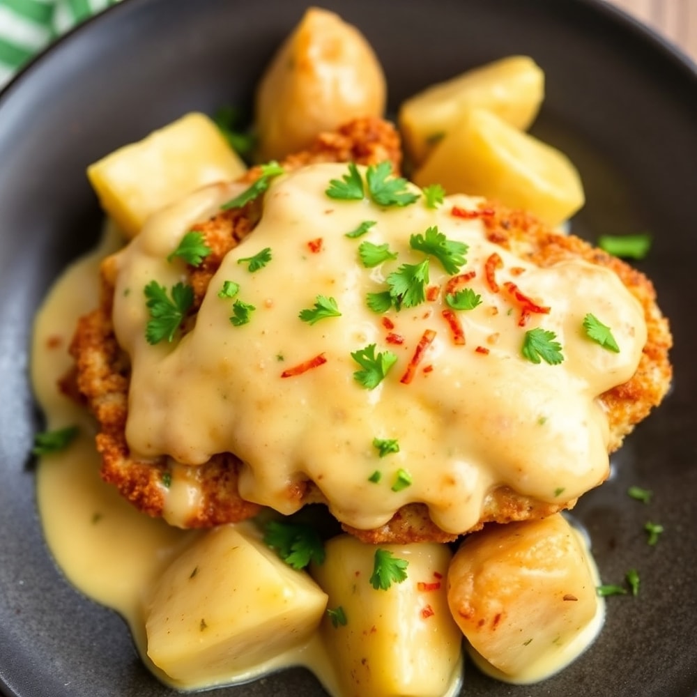 Plated serving of Slow Cooker Cheesy Ranch Chicken & Potatoes