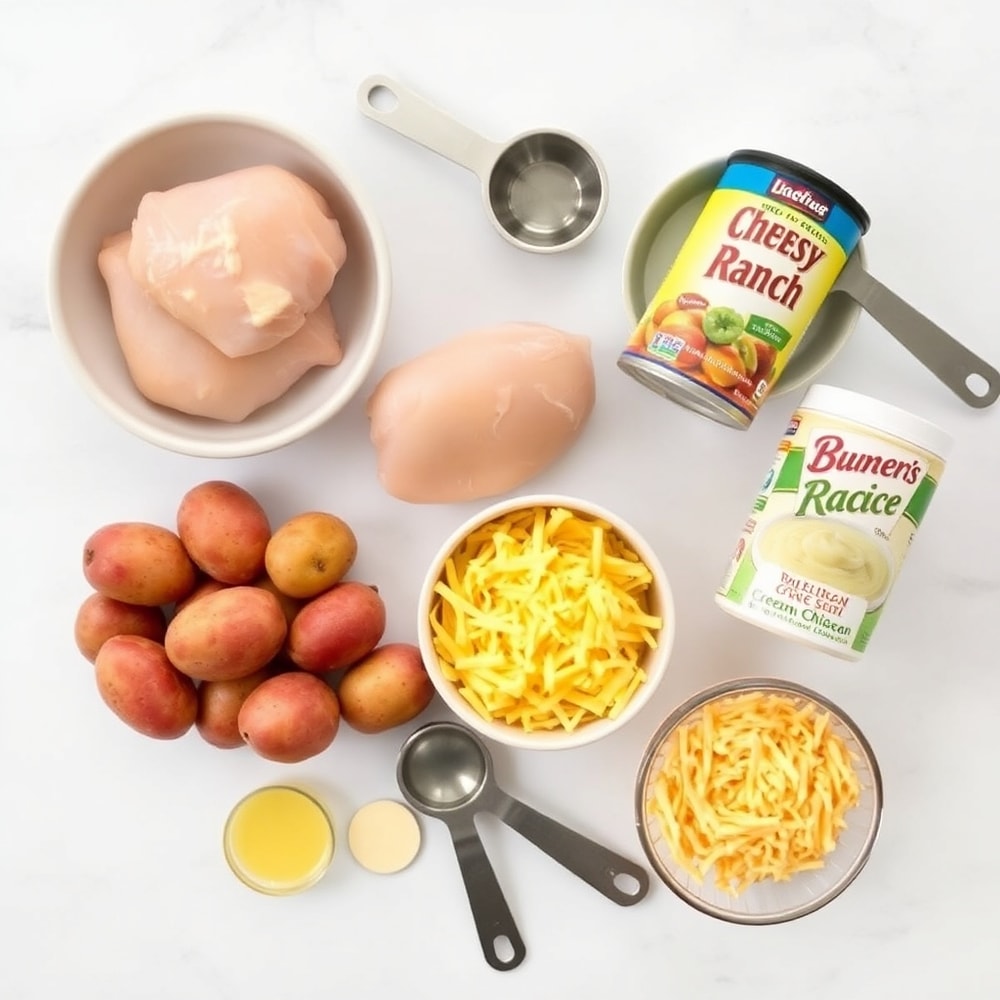 Raw ingredients for Slow Cooker Cheesy Ranch Chicken & Potatoes