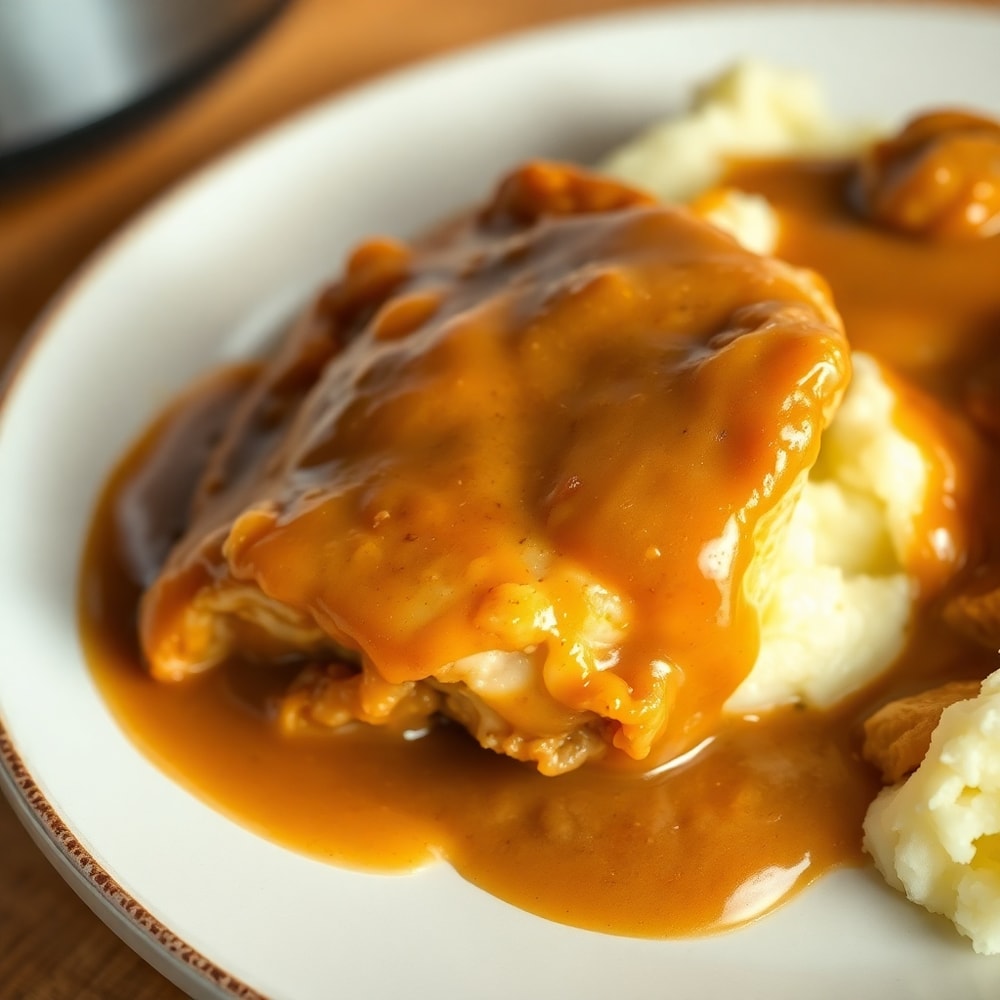 Plated Slow Cooker Chicken and Gravy with mashed potatoes