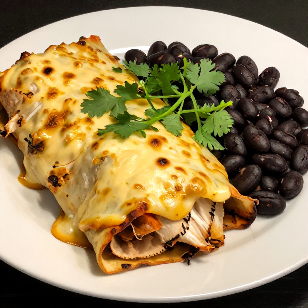 Plated Slow Cooker Chicken Enchiladas with a side of beans