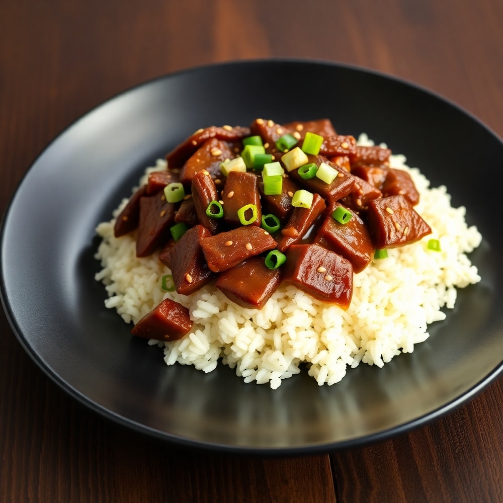 Mongolian beef served over rice with green onions and sesame seeds
