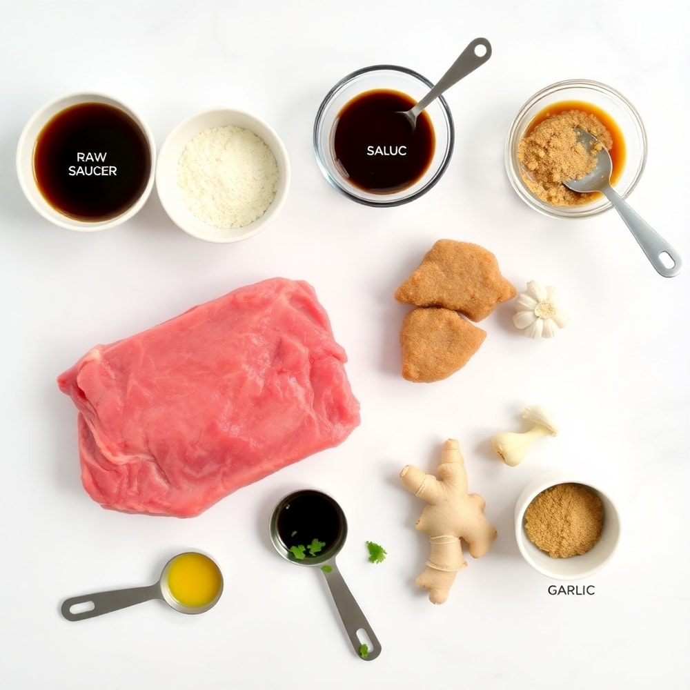 Mongolian beef ingredients including beef, soy sauce, brown sugar, garlic, and ginger