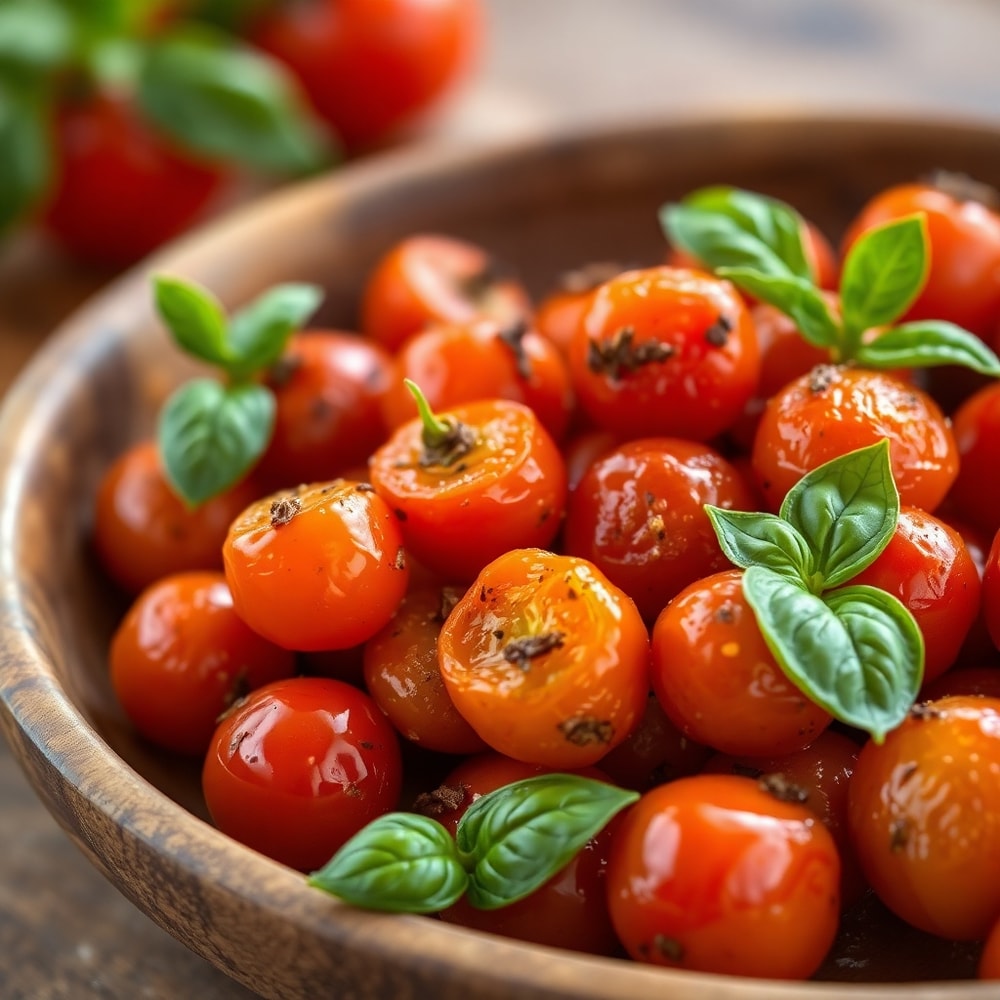 Plated slow-roasted cherry tomatoes with fresh basil