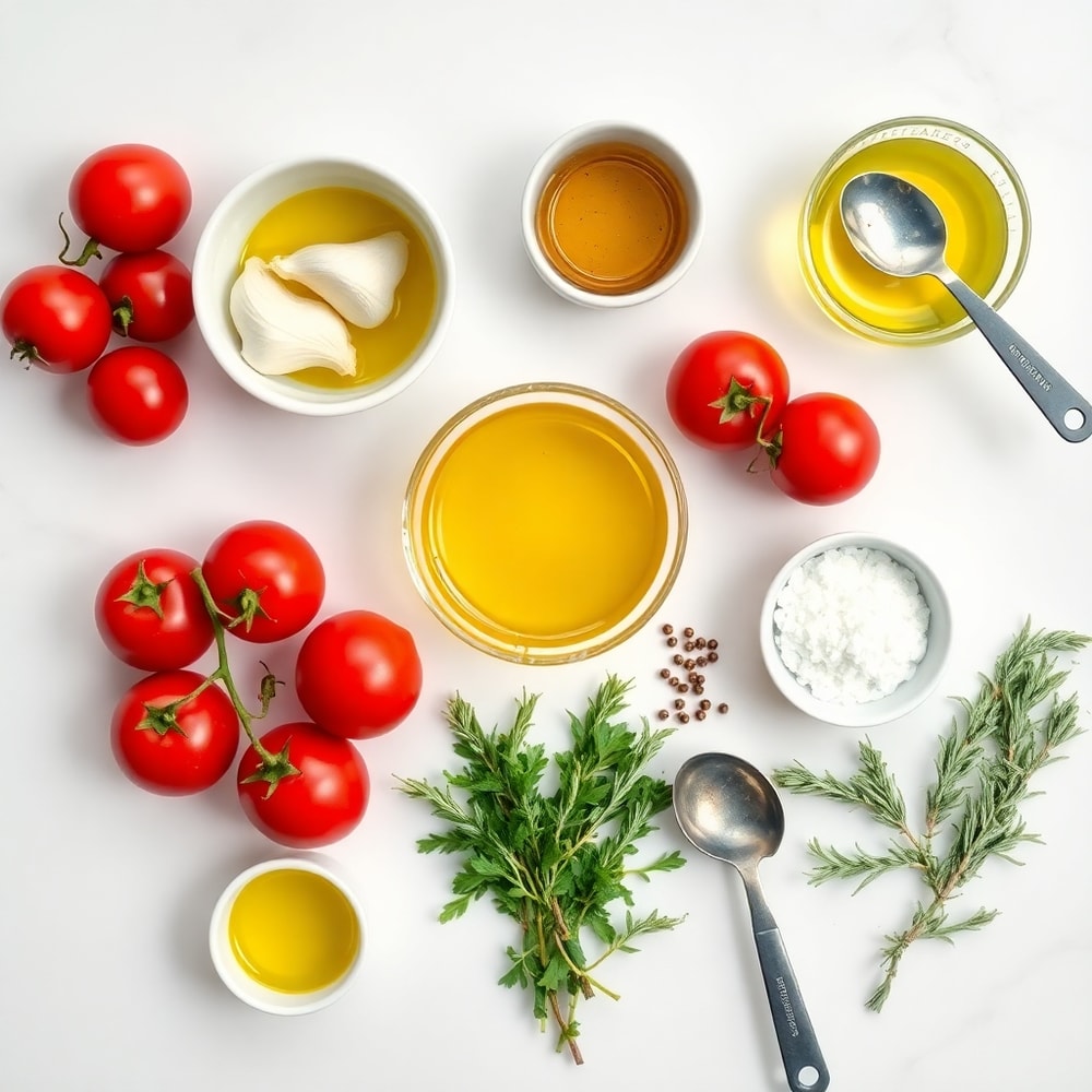 Raw cherry tomatoes, garlic, olive oil, and herbs laid out on a wooden board