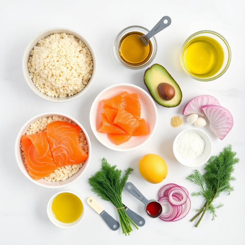 Raw ingredients for smoked salmon quinoa breakfast bowls