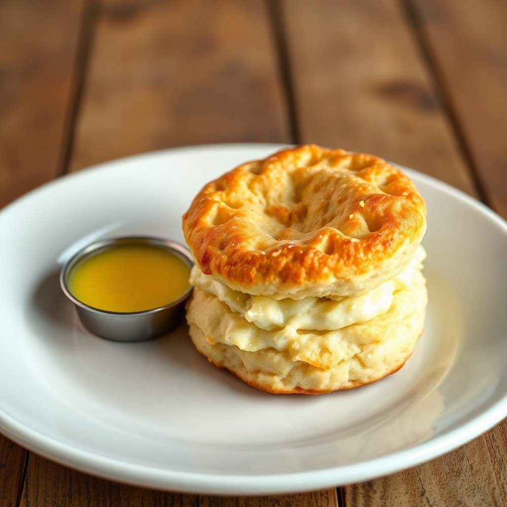 Plated sour cream and onion biscuit with a side of butter