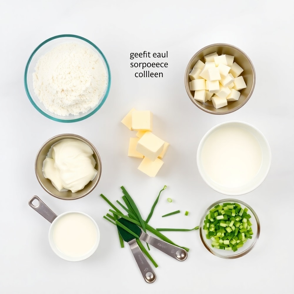 Raw ingredients for sour cream and onion biscuits on a white marble surface
