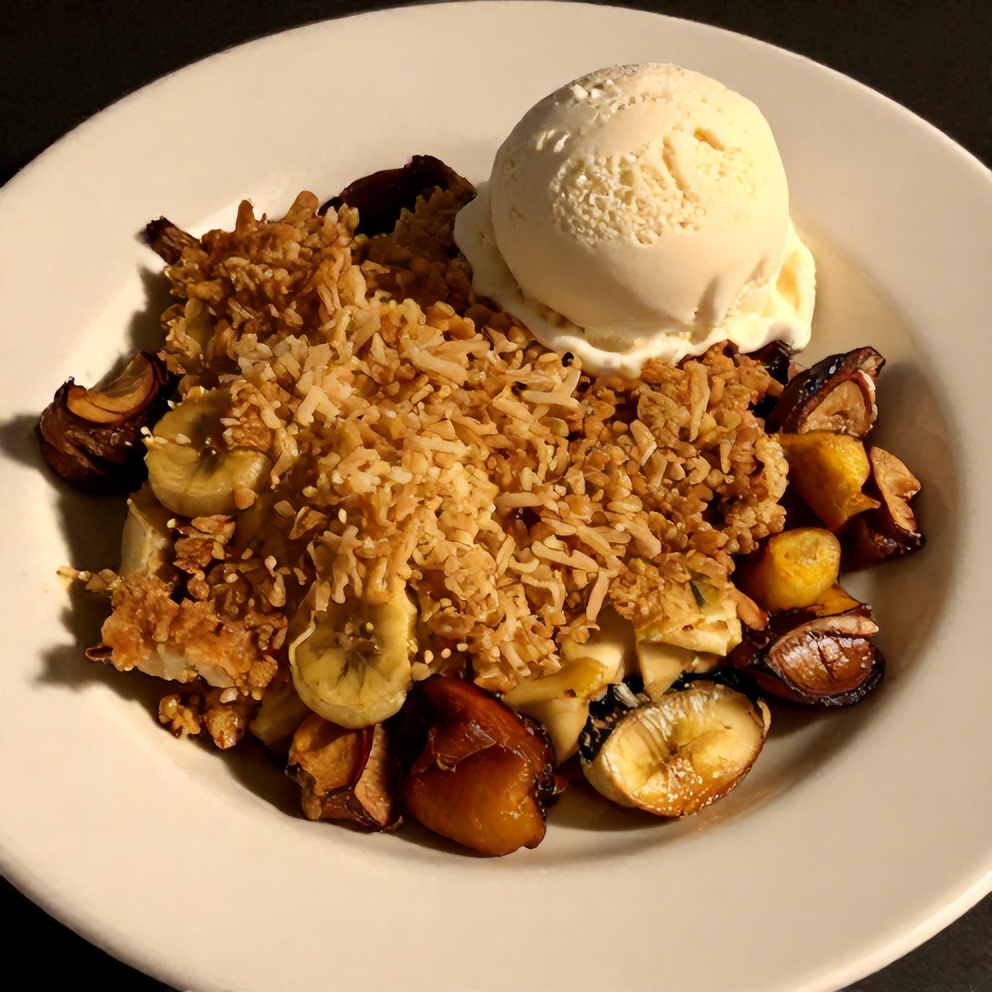 Perfectly baked Southern Banana Cobbler with scoop of vanilla ice cream
