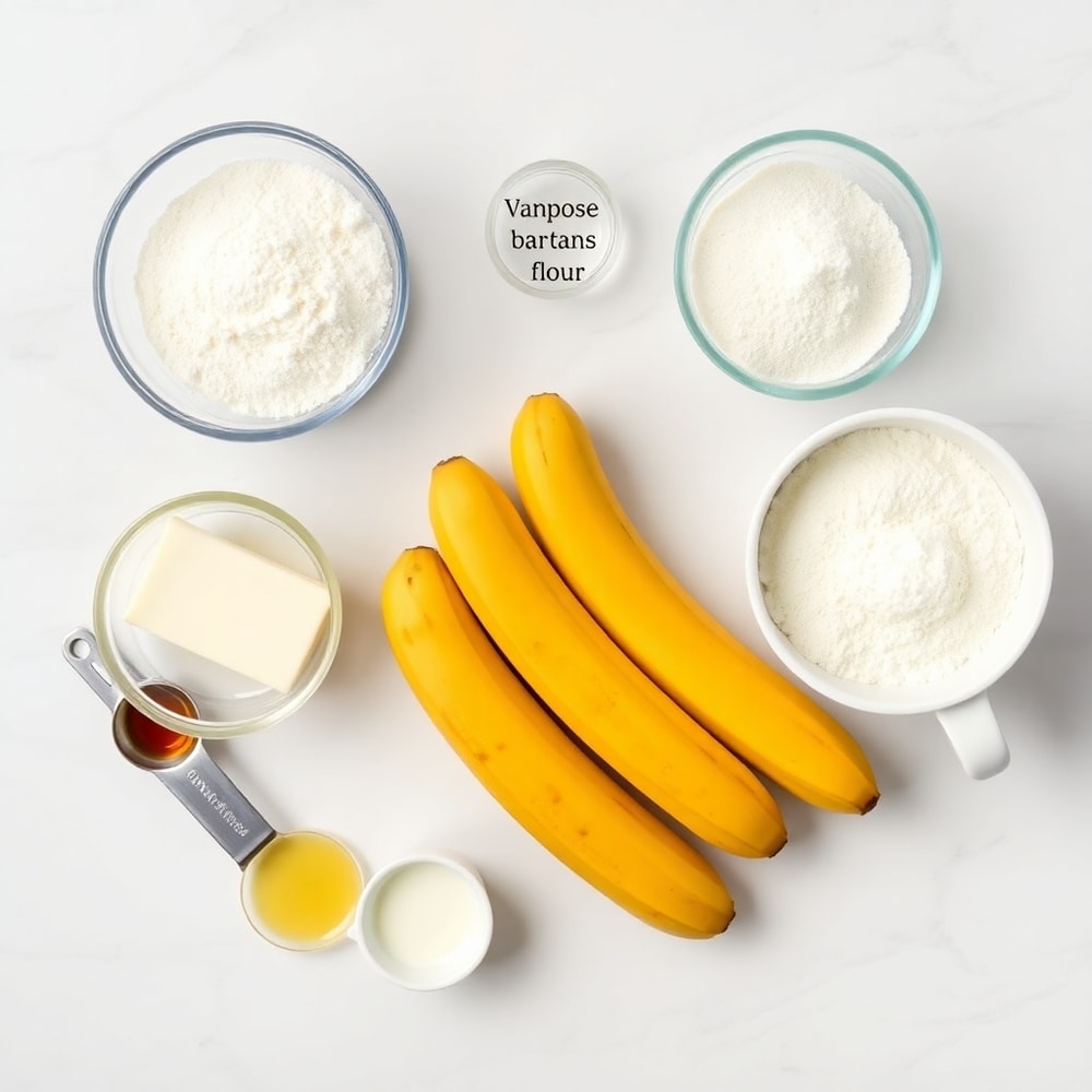 Raw ingredients for Southern Banana Cobbler: ripe bananas, flour, sugar, butter