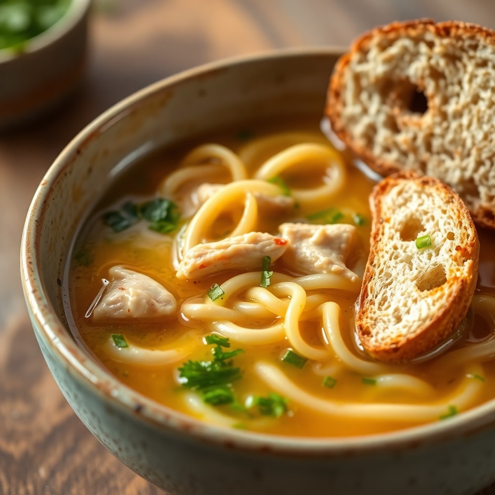 Bowl of Spring Chicken Noodle Soup with crusty bread