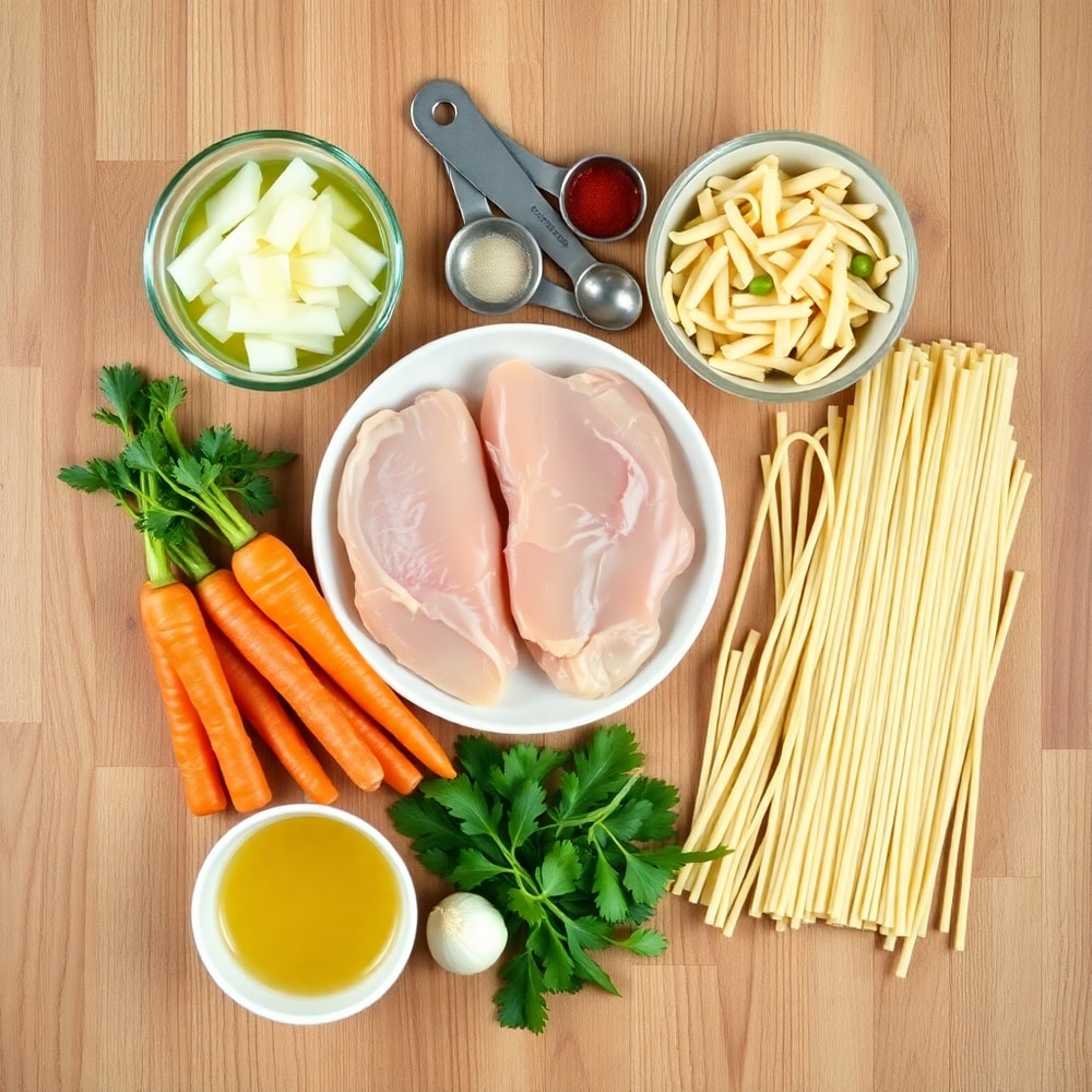 Raw ingredients for Spring Chicken Noodle Soup on a wooden surface