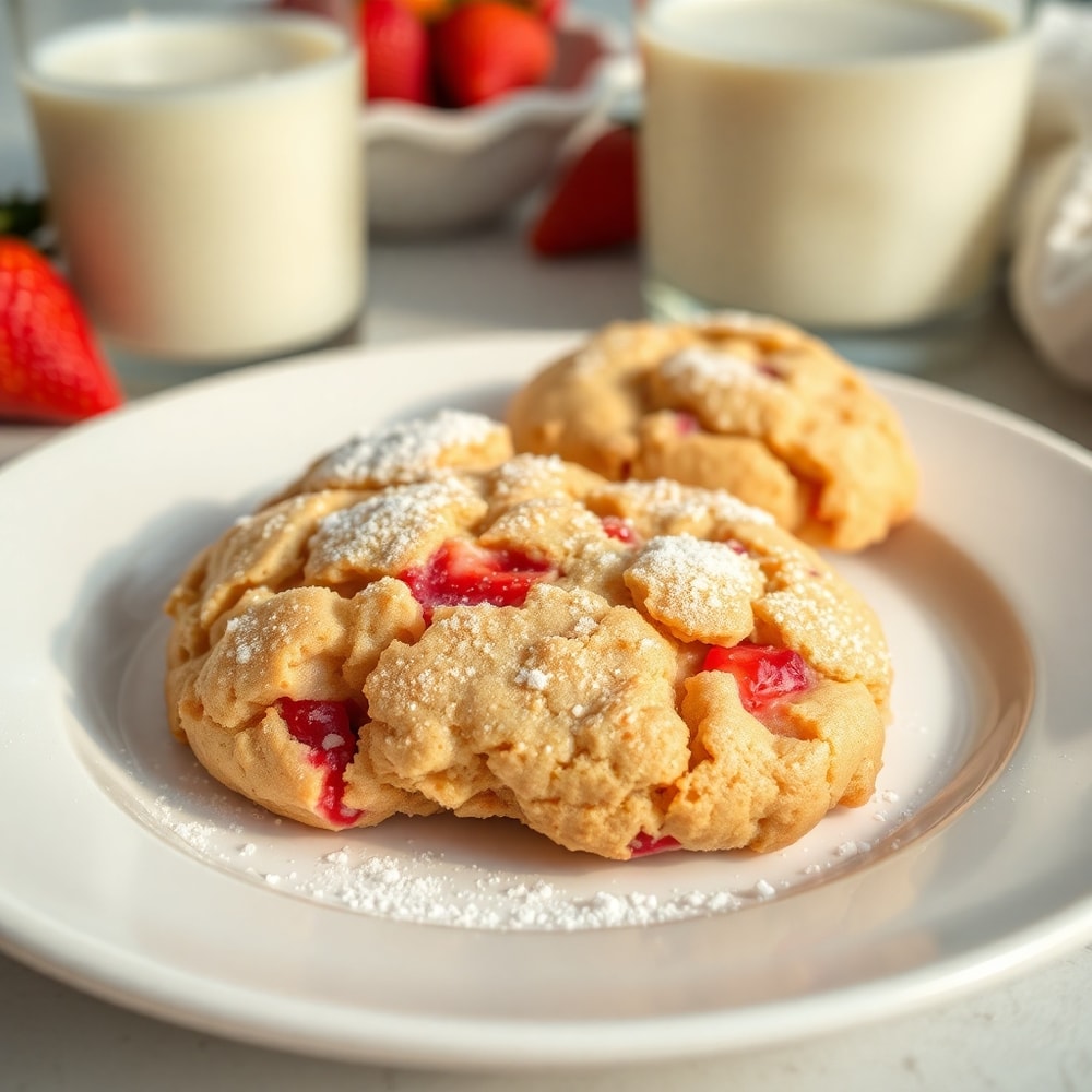 Strawberry crunch cookies on a plate with a glass of milk