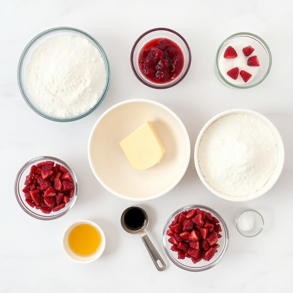 Ingredients for strawberry crunch cookies on a marble surface