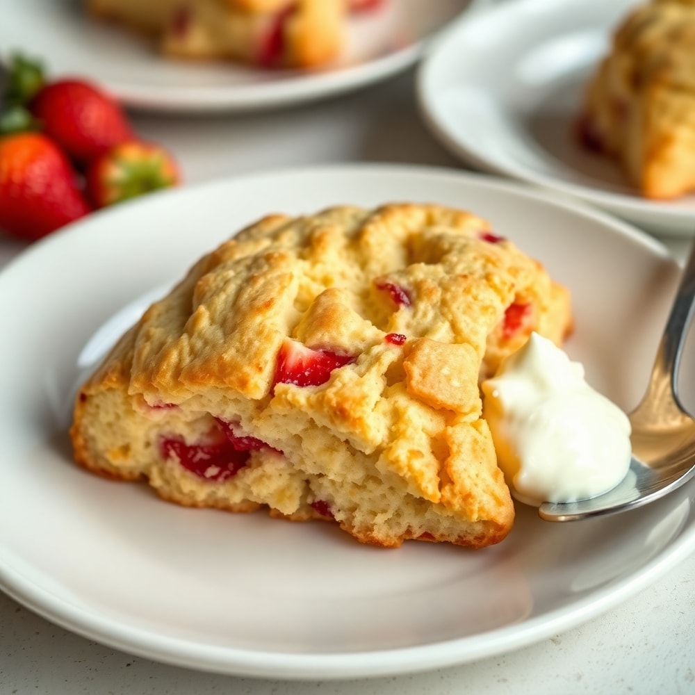 Strawberry rhubarb scones served on a plate with clotted cream