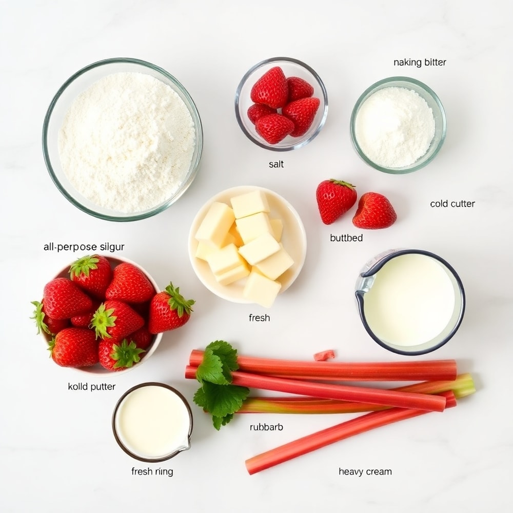 Raw ingredients for strawberry rhubarb scones on a marble surface