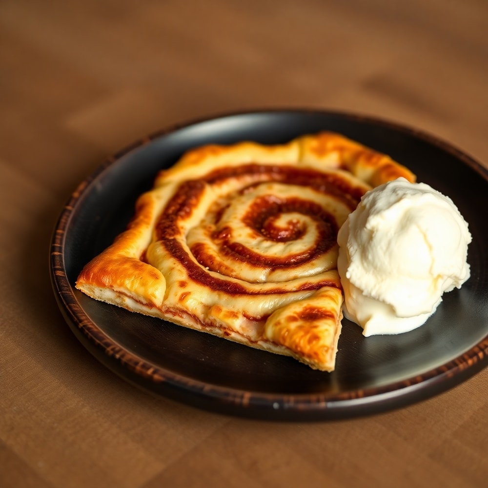 Sweet Cinnamon Swirl Pizza on a plate with a side of vanilla ice cream