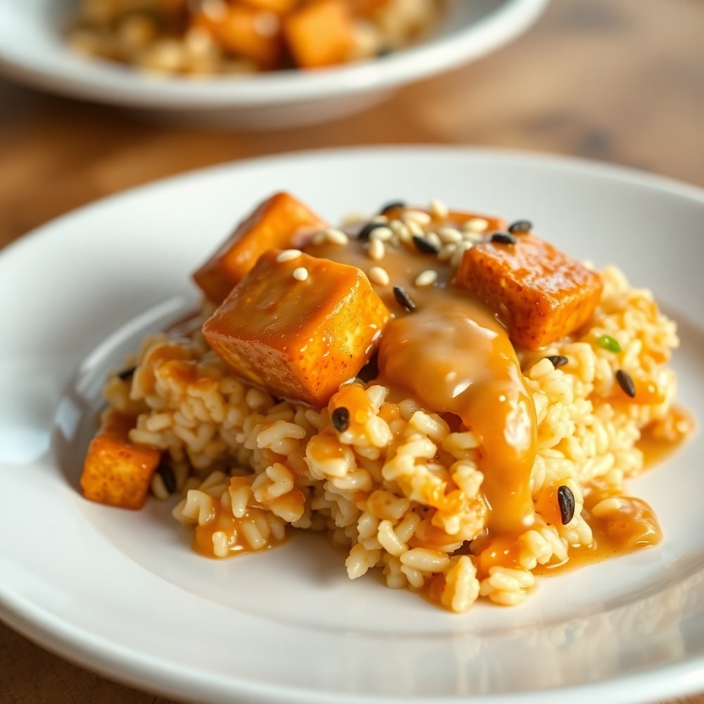 A serving of Teriyaki Tofu Rice Casserole plated with sesame seeds