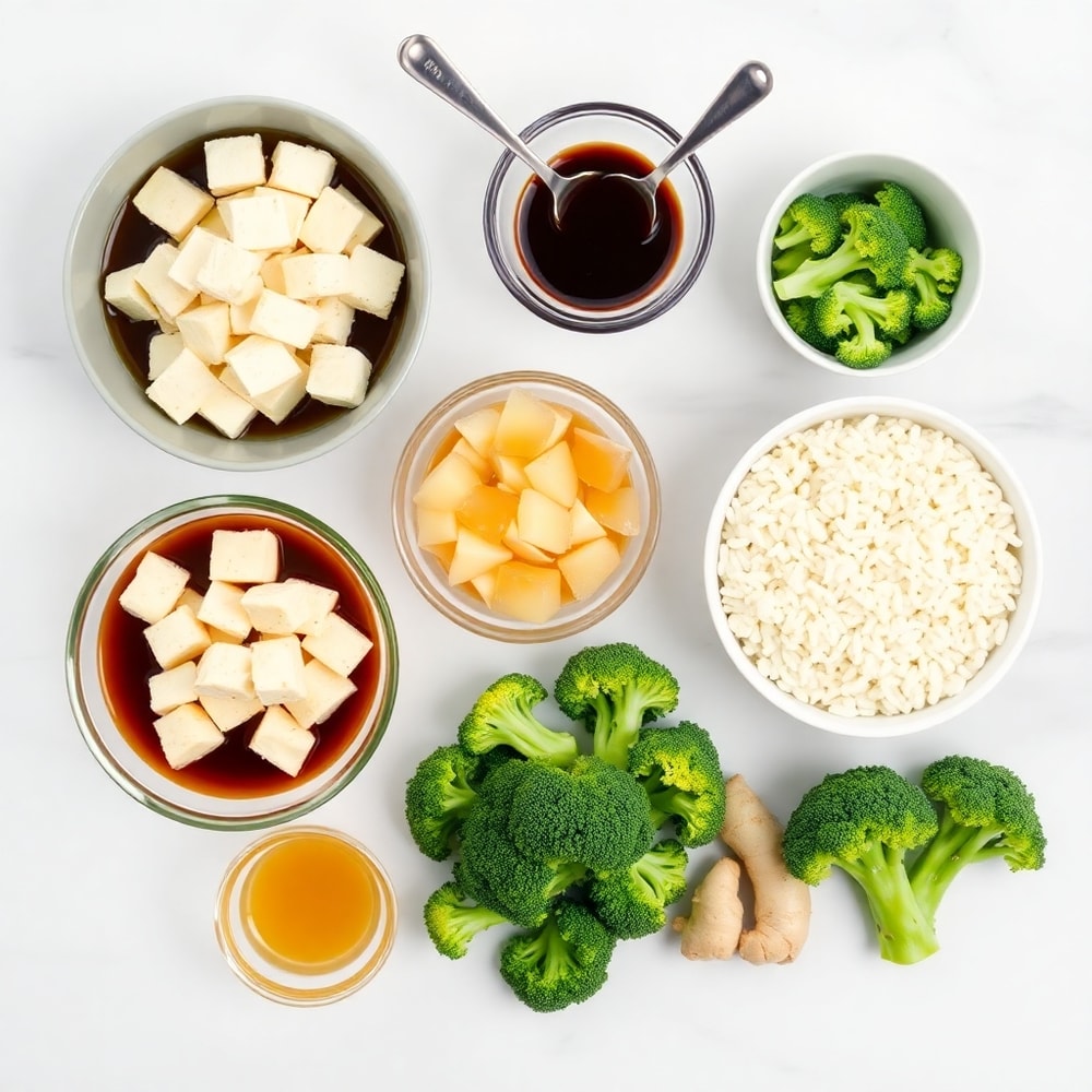 Raw ingredients for Teriyaki Tofu Rice Casserole laid out on a wooden surface