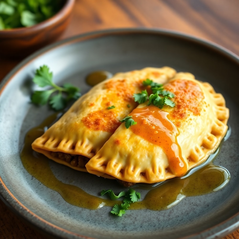 Vegan lentil empanadas on a plate with chimichurri sauce