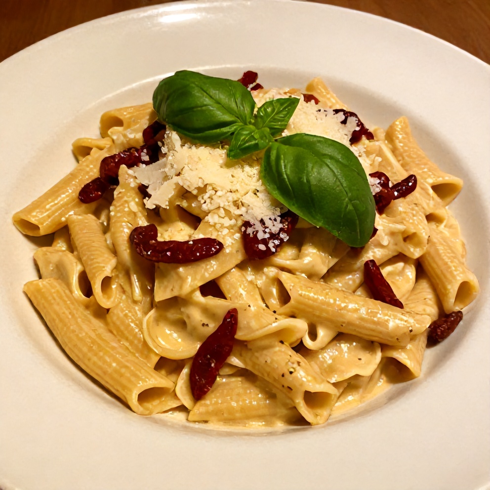 Plated Vegan Sun Dried Tomato Pasta