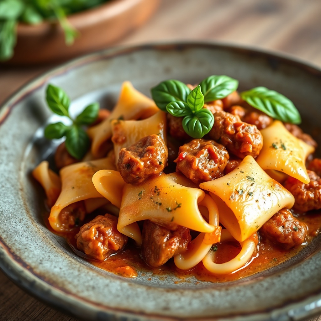 Plated serving of baked bowtie pasta with Italian sausage, garnished with fresh basil, on a rustic plate