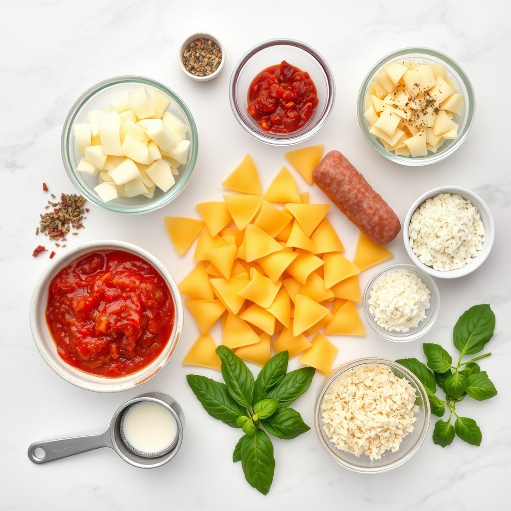 Raw ingredients for baked bowtie pasta with Italian sausage, including bowtie pasta, Italian sausage, marinara sauce, and mozzarella cheese, arranged on a wooden surface
