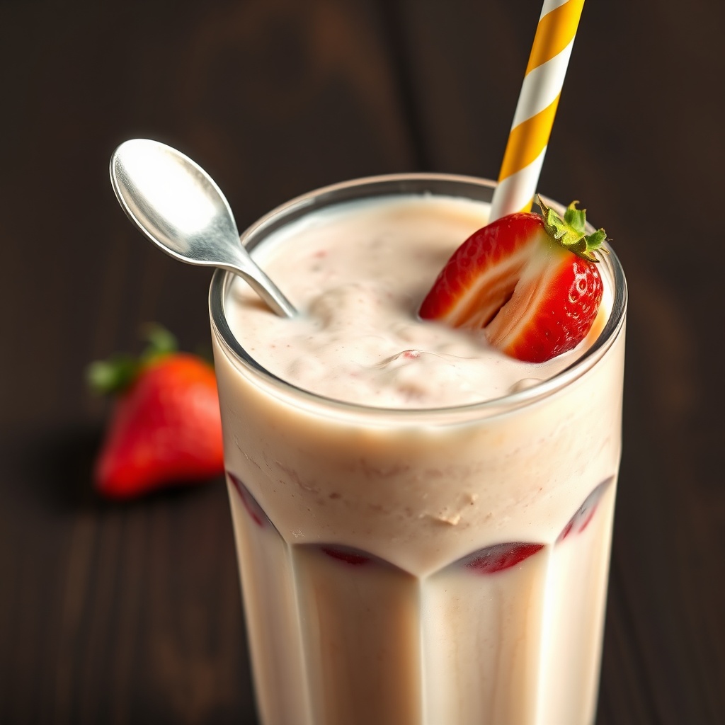 Banana strawberry shake in a glass with a straw