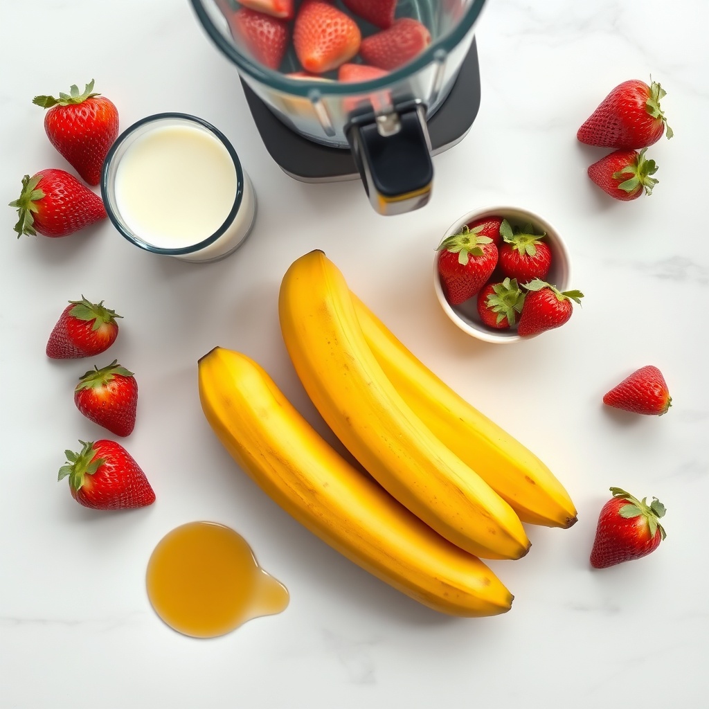 Bananas, strawberries, milk, and vanilla extract arranged on a marble surface