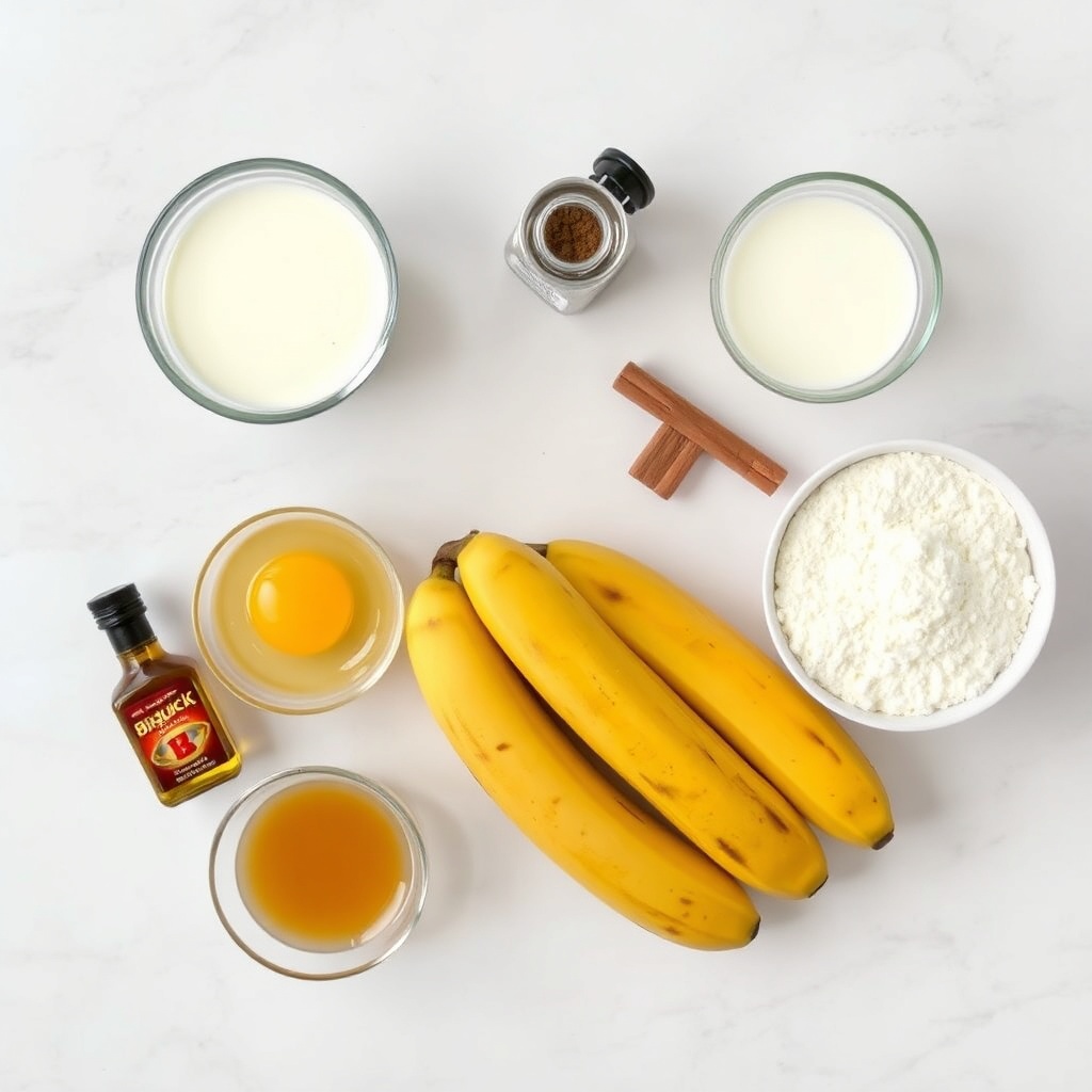 Bisquick, ripe bananas, eggs, sugar, and other ingredients laid out