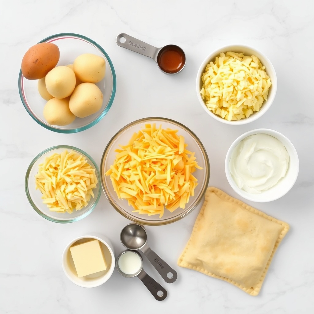 Raw ingredients for cheesy mashed potato puff bites on a white marble surface