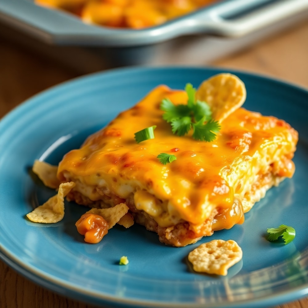 One perfect serving of Cheesy Taco Casserole on a blue plate, garnished with fresh cilantro, showing crispy tortilla chips and melted cheese.