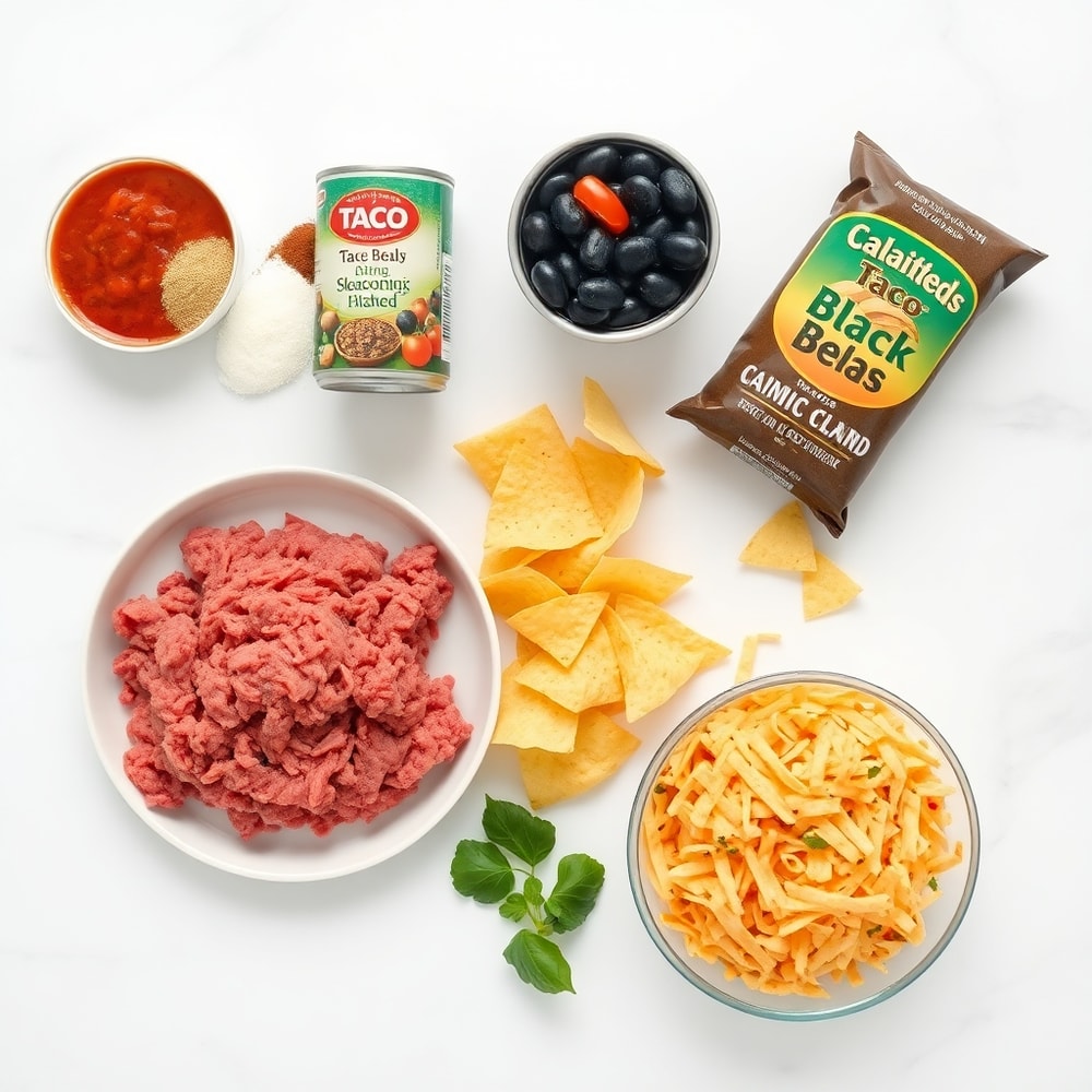 Overhead flat lay of ground beef, taco seasoning, canned beans, salsa, tortilla chips, and shredded cheese on a white marble surface.
