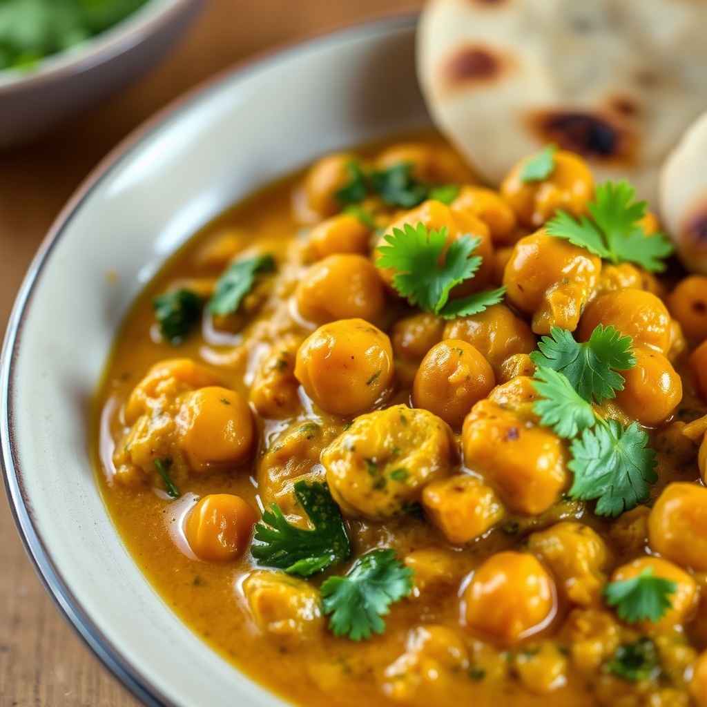 Plated Serving of Chickpea Spinach Curry with Naan