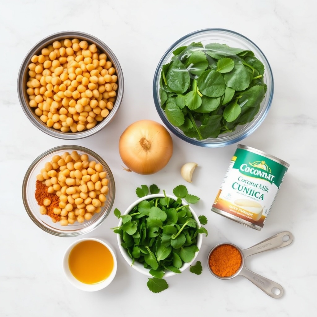 Raw Ingredients for Chickpea Spinach Curry on a Wooden Surface