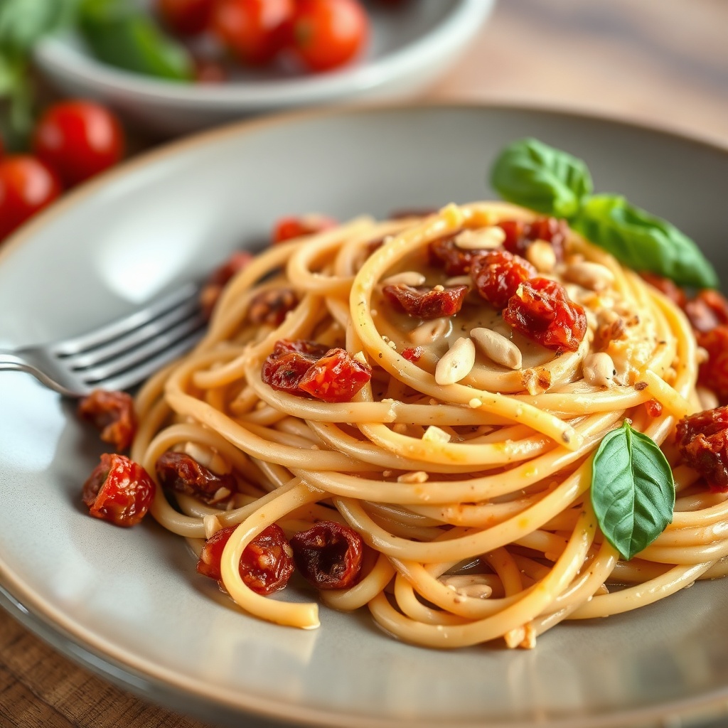 Plated Creamy Sun-Dried Tomato Pasta with basil
