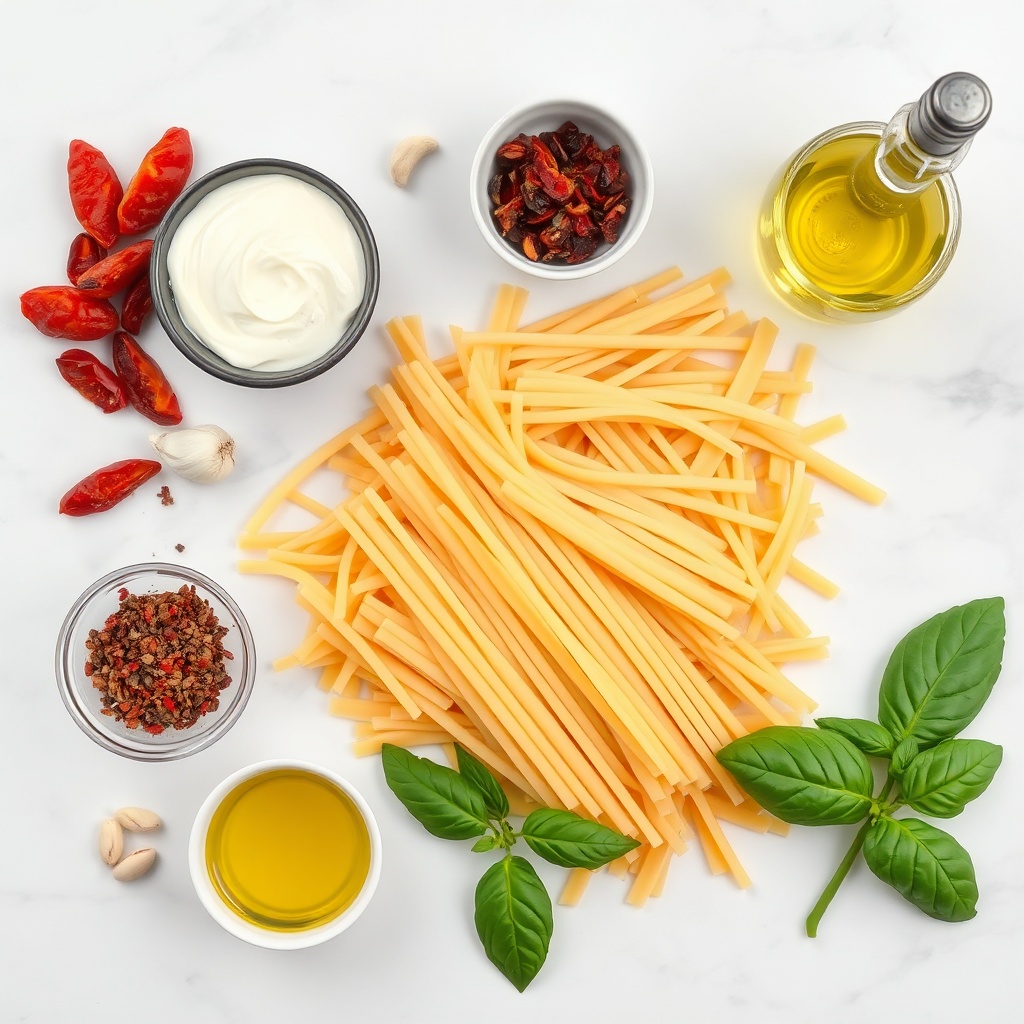Raw ingredients for Creamy Sun-Dried Tomato Pasta