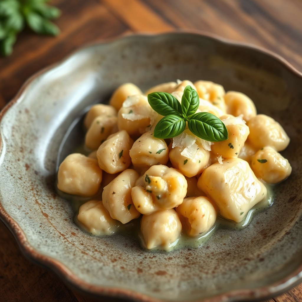 A serving of creamy tuscan gnocchi plated on a rustic dish